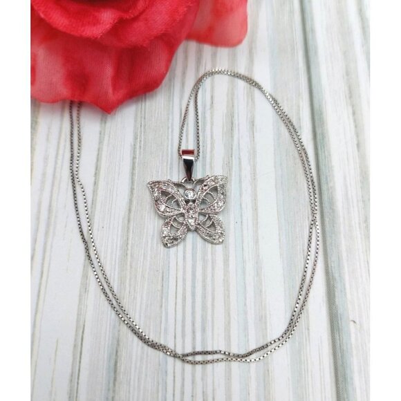 FAS 925 Sterling Silver Butterfly Pendant Crystal Accents Sterling Box Chain 20" - Picture 1 of 8